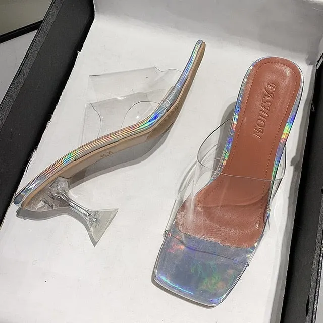 2021 New Designer PVC Transparent Slippers Women Perspex High Heels Summer Party Ladies Clear Band Crystal Shoes Plus Size 41 42
