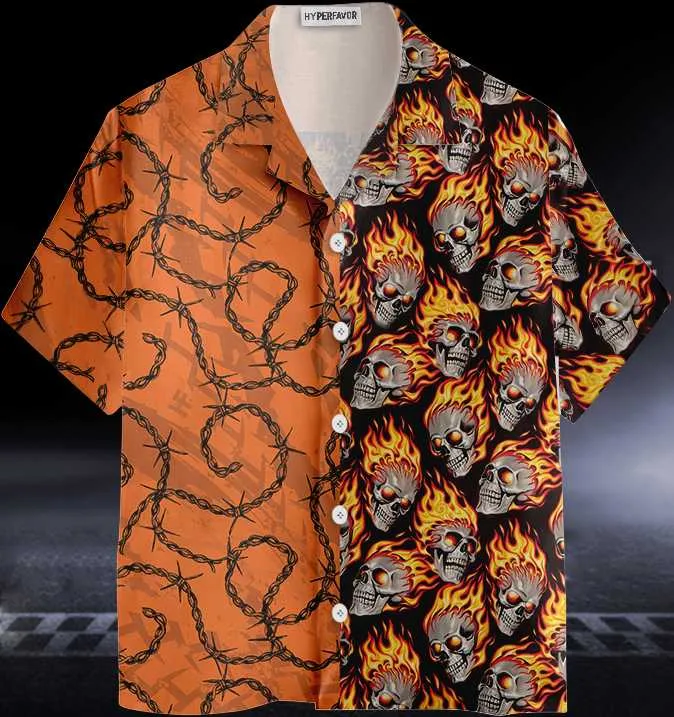 Barbwire Fire Skull Biker Motorcycle Hawaiian Shirt, Unique Gift For Bikers