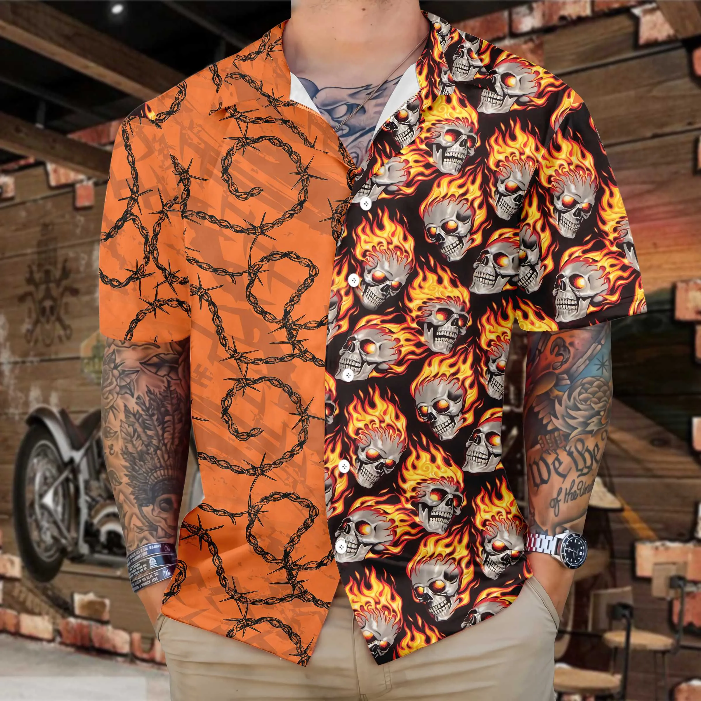 Barbwire Fire Skull Biker Motorcycle Hawaiian Shirt, Unique Gift For Bikers