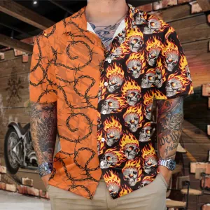 Barbwire Fire Skull Biker Motorcycle Hawaiian Shirt, Unique Gift For Bikers