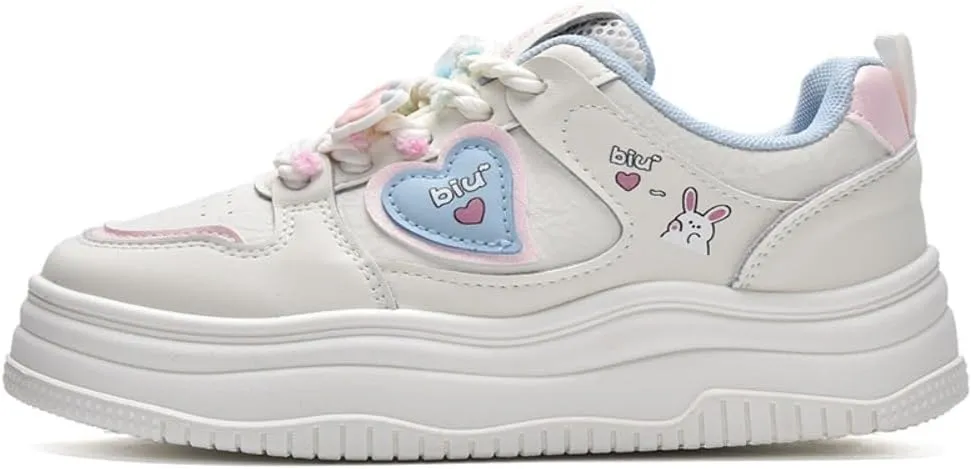 Cute Shoes Y2K  Pretty Pastel Thick Sole Bunny Sneaker Chunky Platform Aesthetic Love Heart Kawaii White Trainer for Women Girls Casual Beach Travel School Summer Spring