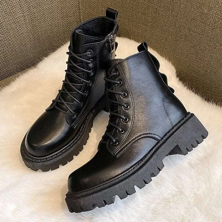 Female Motorcycle Shoes Lace-up PU Women Ankle Boots