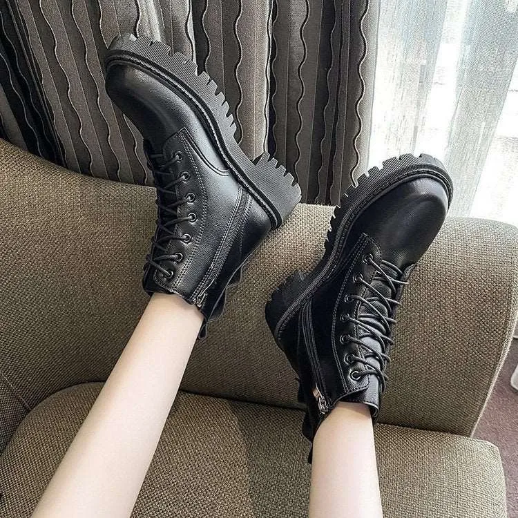 Female Motorcycle Shoes Lace-up PU Women Ankle Boots
