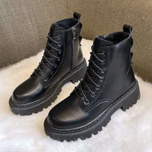 Female Motorcycle Shoes Lace-up PU Women Ankle Boots