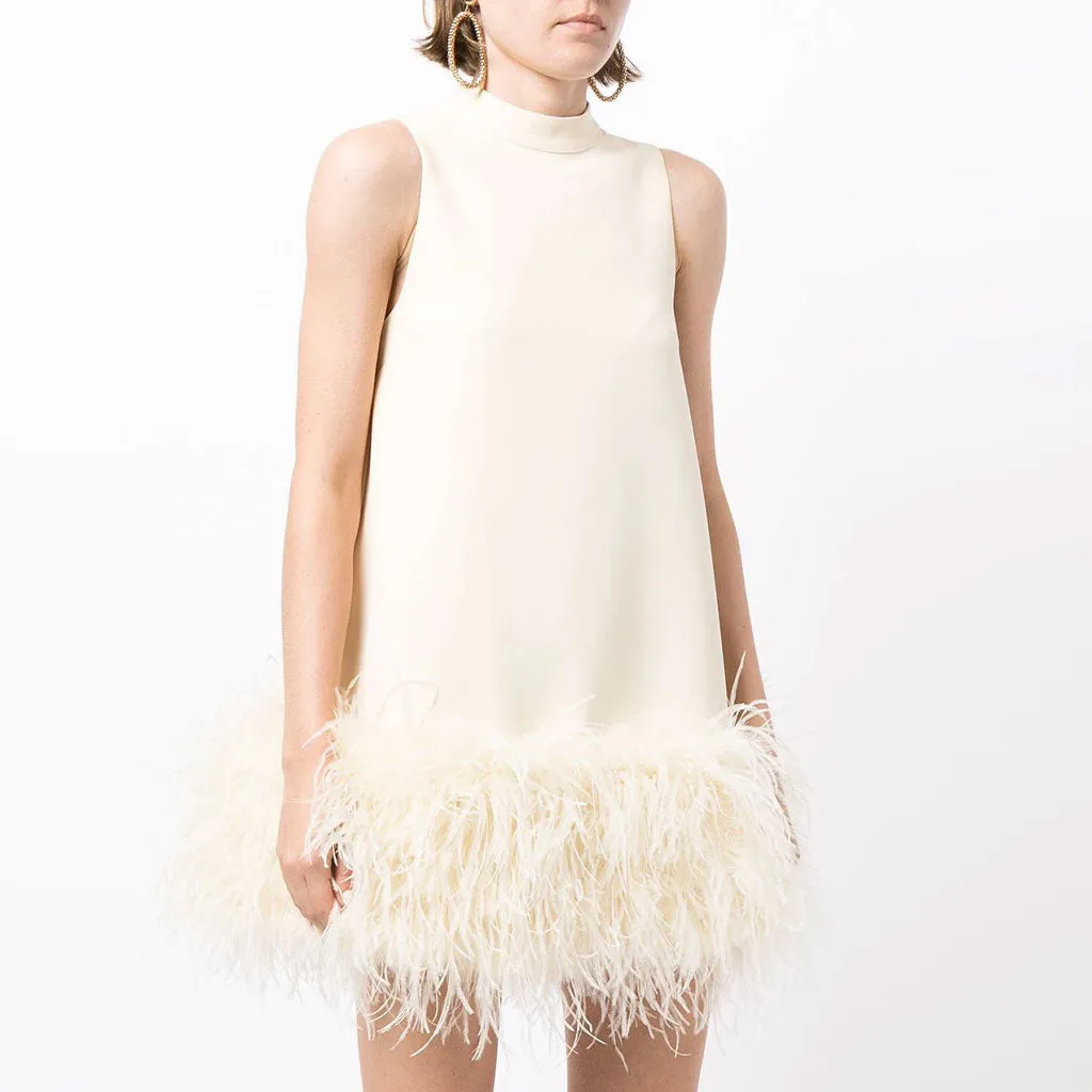 Flytonn- Chic Mock Neck A Line Feather Trim Sleeveless Mini Dress - White