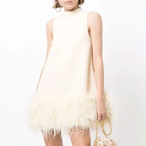 Flytonn- Chic Mock Neck A Line Feather Trim Sleeveless Mini Dress - White