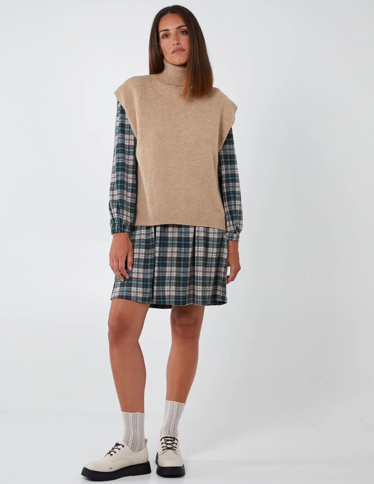 Frill Shoulder Check Smock Dress