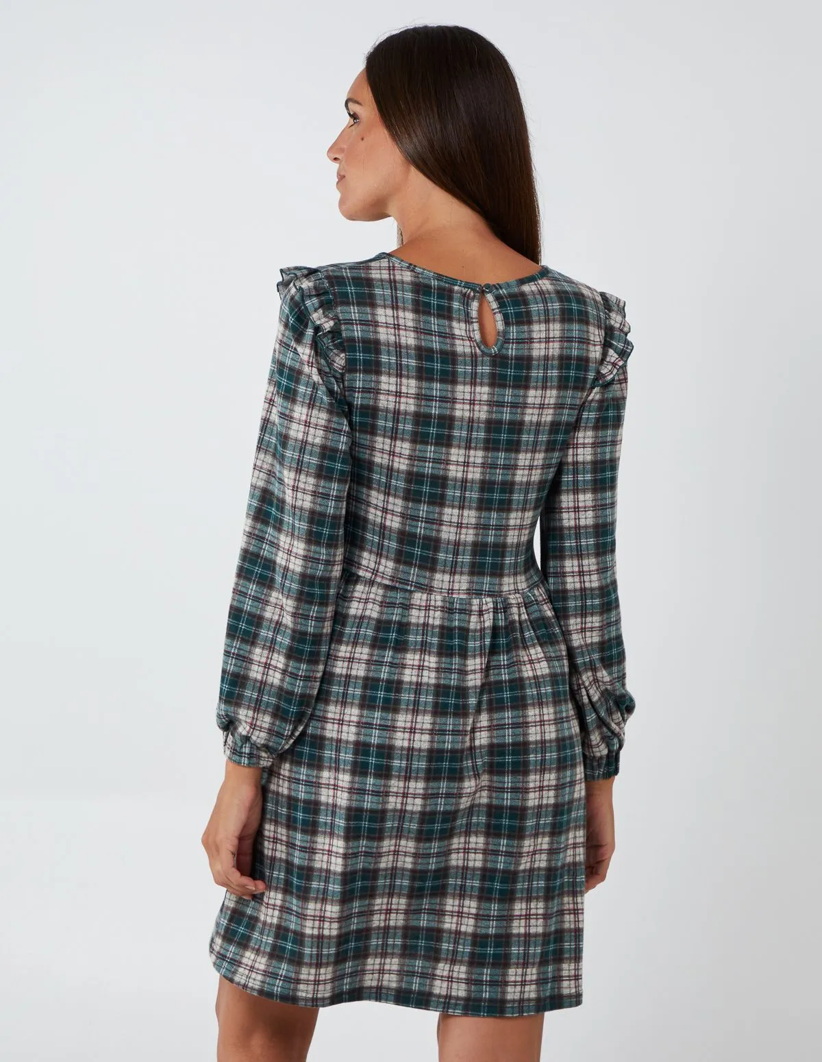 Frill Shoulder Check Smock Dress
