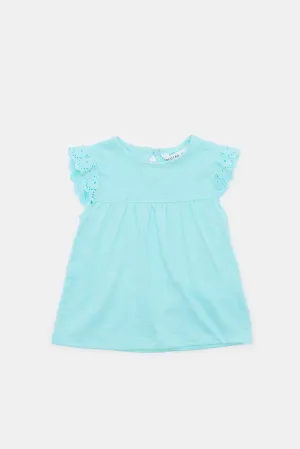 Infant Girls Blue Schiffli Sleeves Knit Blouse