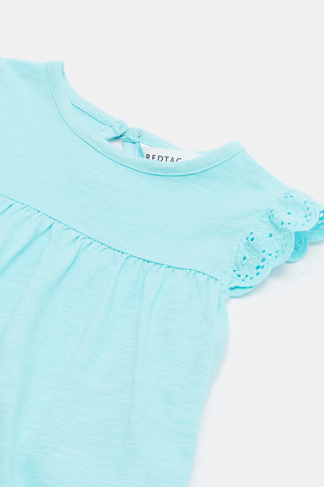 Infant Girls Blue Schiffli Sleeves Knit Blouse