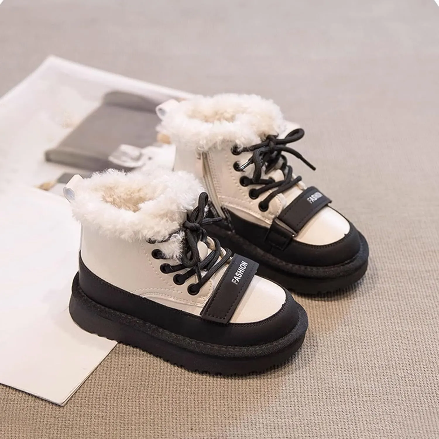 Kids Girls Fleece Winter Boots Lace-up Soft Rubber Bottom Vintage Plush Warm Comfortable Snow Cute Girl Winter Boots