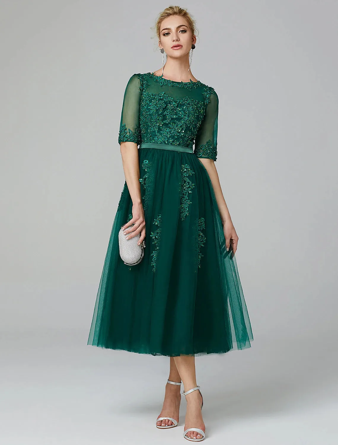 Luolandi A-Line Cocktail Dress Christmas Red Green Dress Formal Evening Kentucky Derby Tea Length Sleeveless Illusion Neck Fall Wedding Guest Lace Over Tulle with Sequin