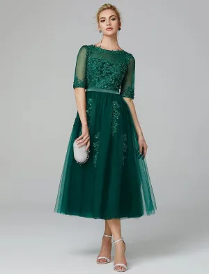 Luolandi A-Line Cocktail Dress Christmas Red Green Dress Formal Evening Kentucky Derby Tea Length Sleeveless Illusion Neck Fall Wedding Guest Lace Over Tulle with Sequin