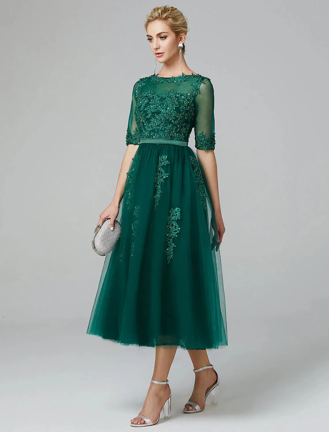 Luolandi A-Line Cocktail Dress Christmas Red Green Dress Formal Evening Kentucky Derby Tea Length Sleeveless Illusion Neck Fall Wedding Guest Lace Over Tulle with Sequin
