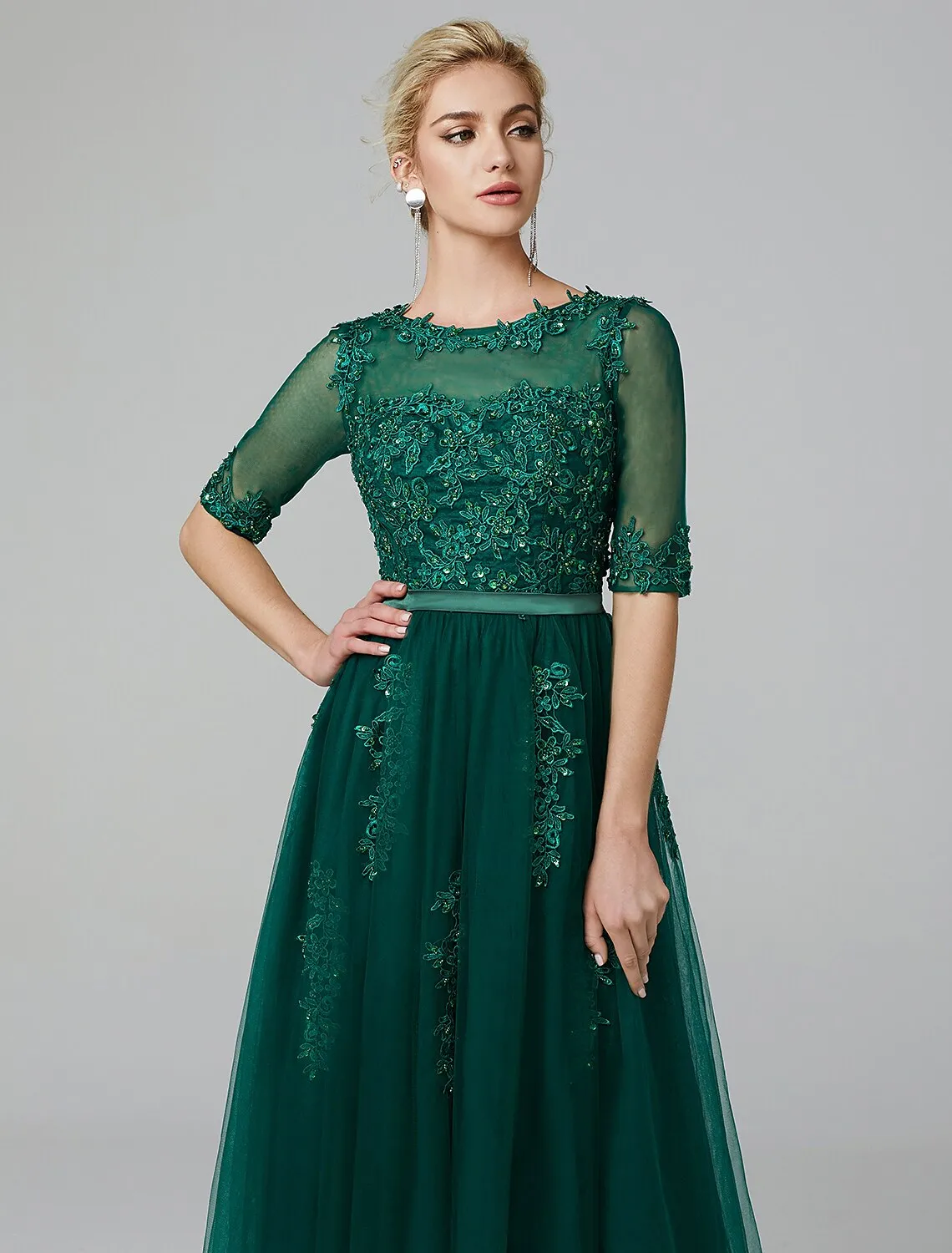 Luolandi A-Line Cocktail Dress Christmas Red Green Dress Formal Evening Kentucky Derby Tea Length Sleeveless Illusion Neck Fall Wedding Guest Lace Over Tulle with Sequin