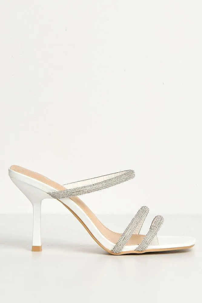 Meiria 3 Diamante Strap High Heel Mules in White