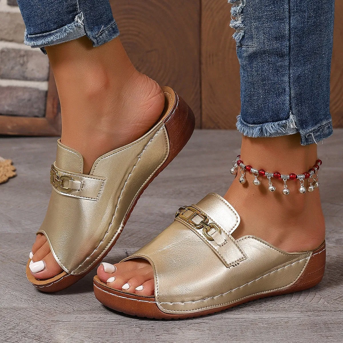 Open Toe Mule Sandals with Metal Chain Decor