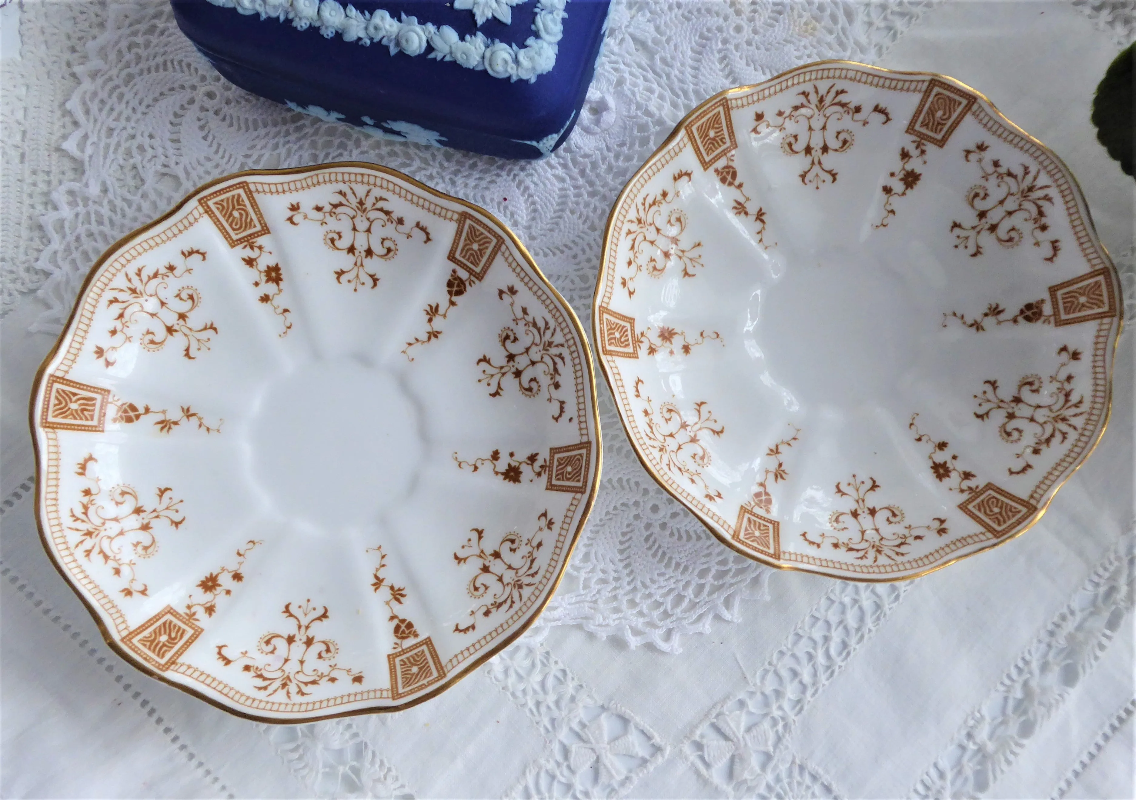 Pair Superb Royal Crown Derby Saucers Only Antique Art Nouveau Gold Festoons 1890s