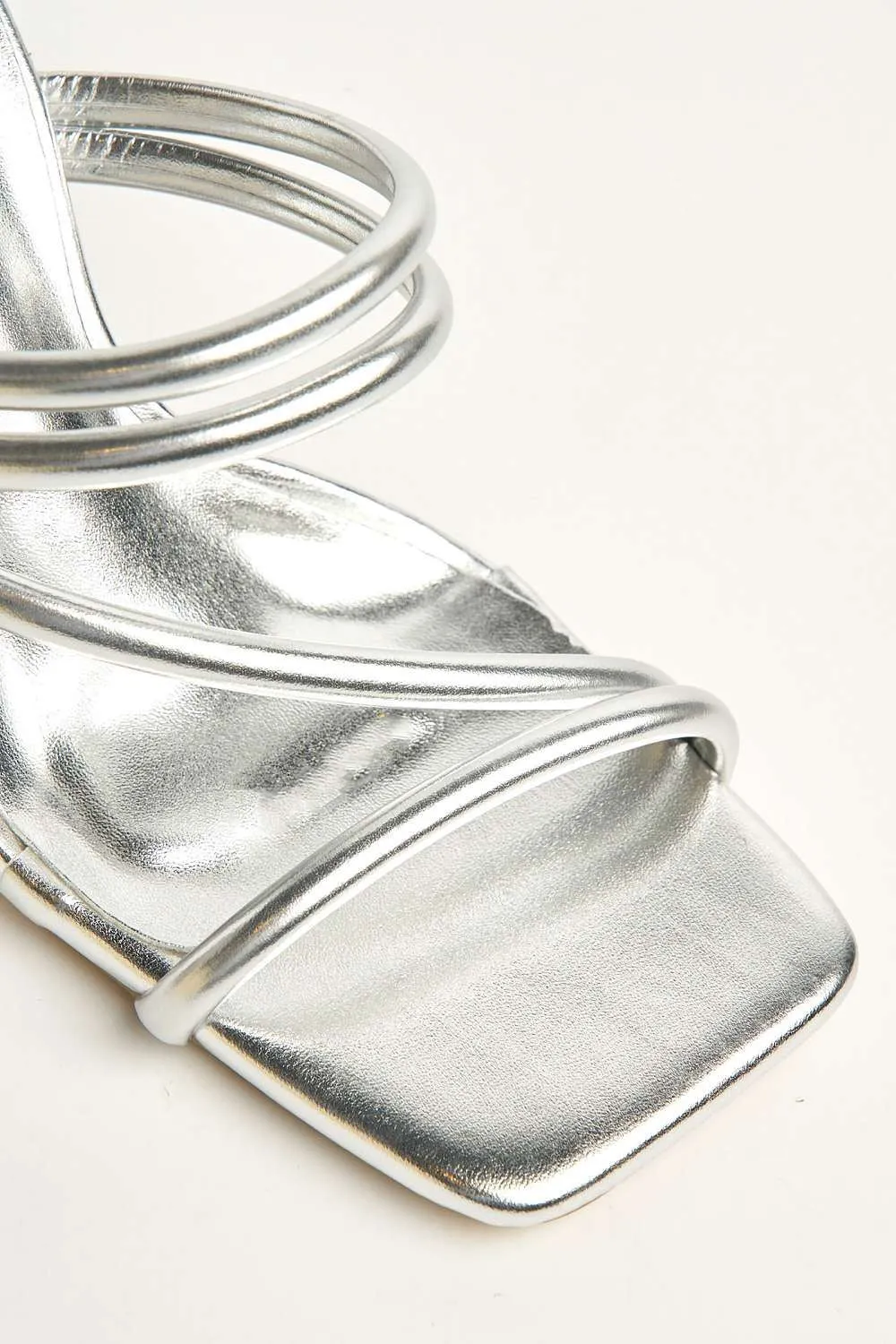 Preena Thin Strap Square Toe Heeled Mules in Silver