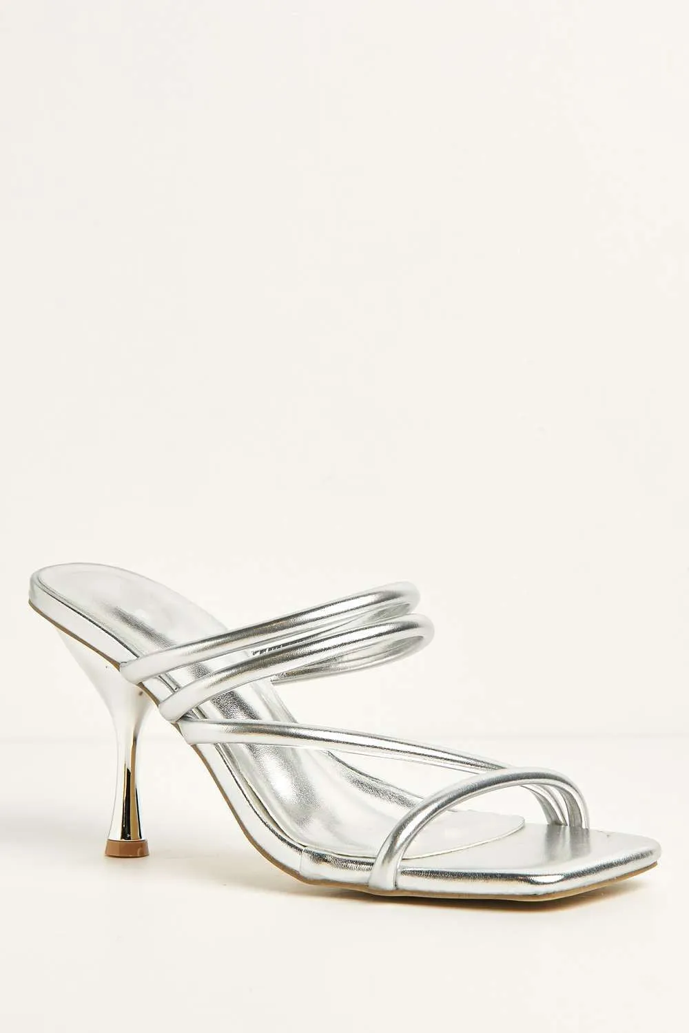 Preena Thin Strap Square Toe Heeled Mules in Silver