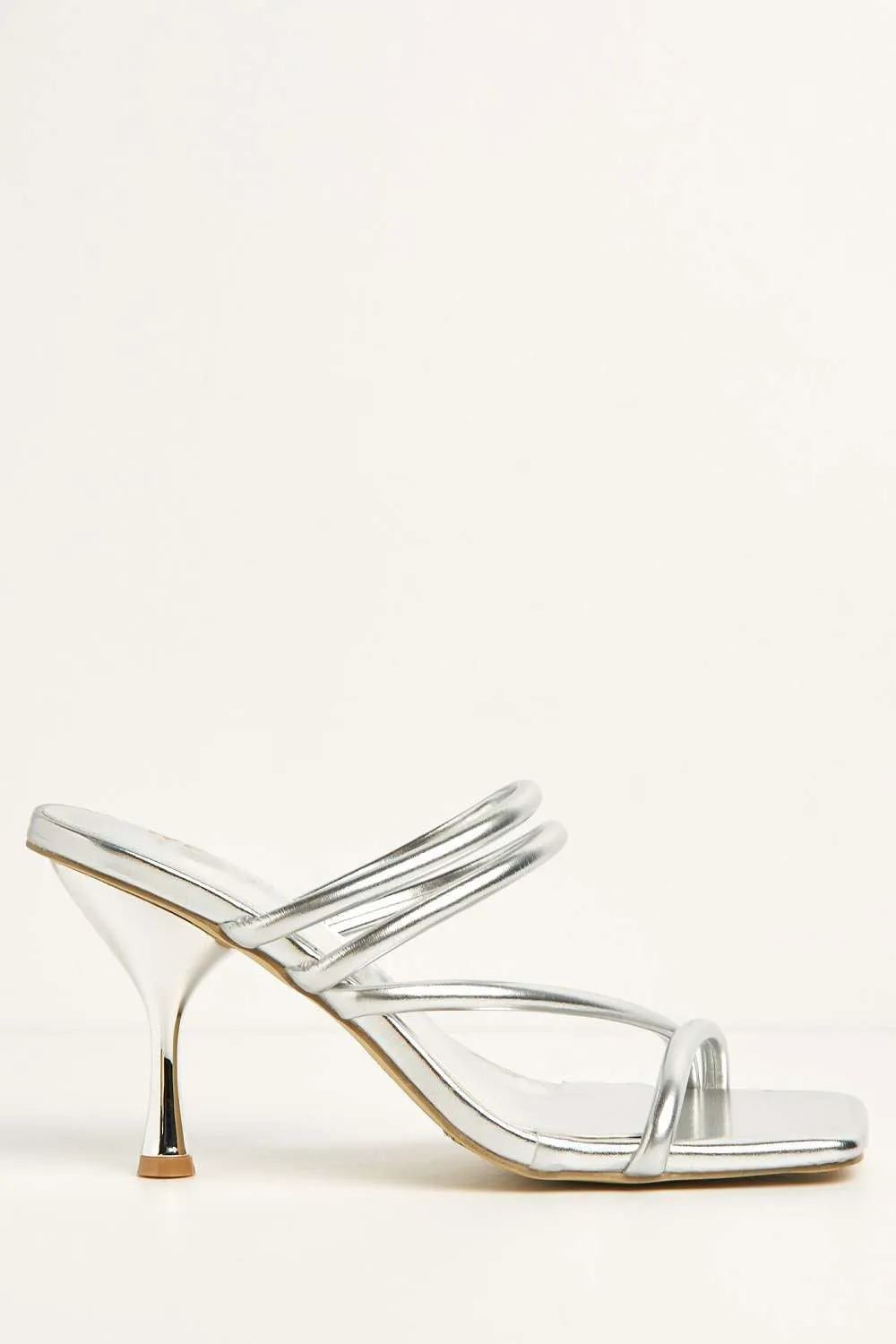 Preena Thin Strap Square Toe Heeled Mules in Silver