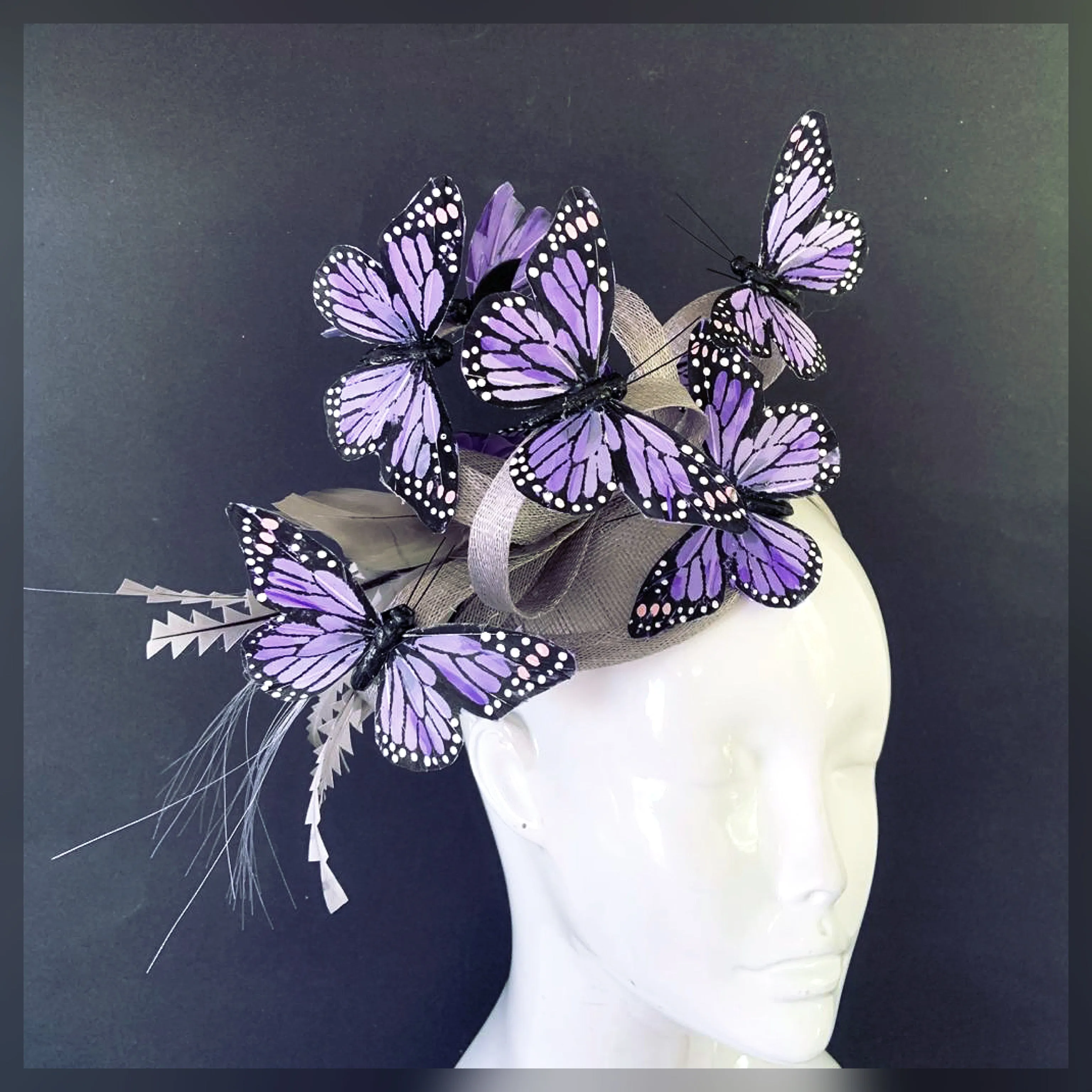 Purple Butterfly Fascinator on Grey Silver Hat