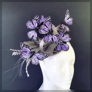 Purple Butterfly Fascinator on Grey Silver Hat