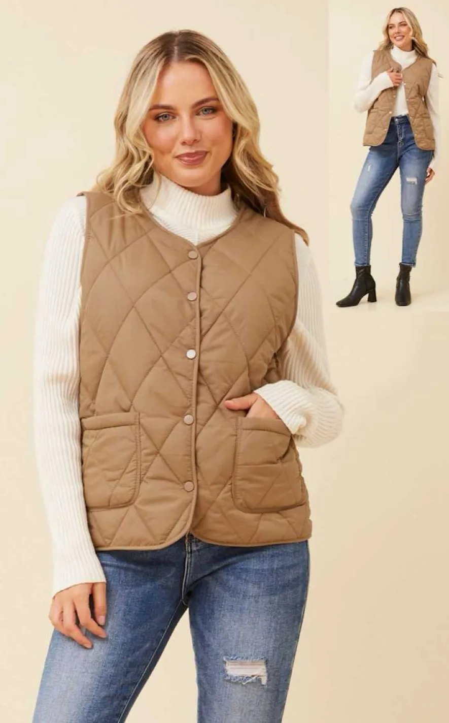 Quilted Camel Button-Up Vest
