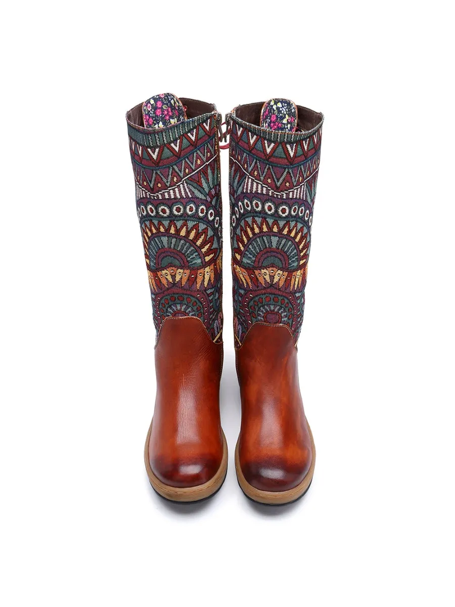 Soffia | Genuine Leather Geometric Back Lace-Up Knee Boots