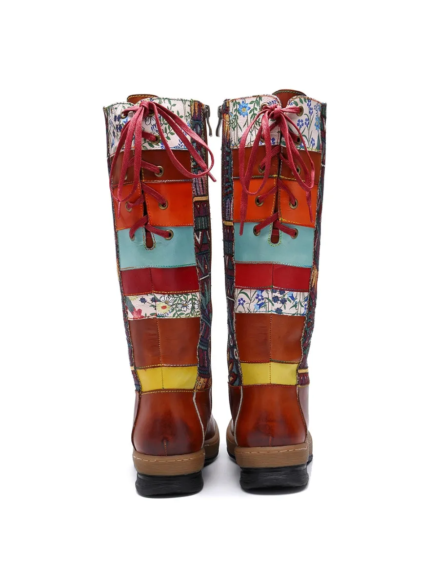Soffia | Genuine Leather Geometric Back Lace-Up Knee Boots