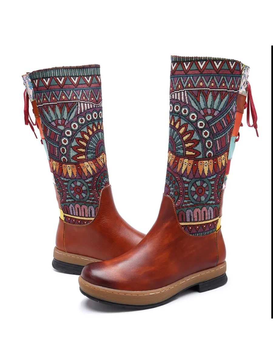 Soffia | Genuine Leather Geometric Back Lace-Up Knee Boots