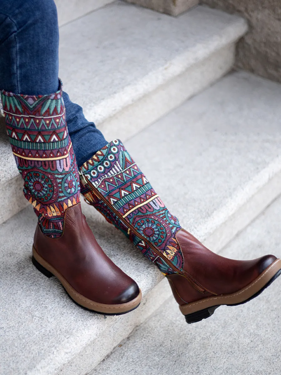 Soffia | Genuine Leather Geometric Back Lace-Up Knee Boots