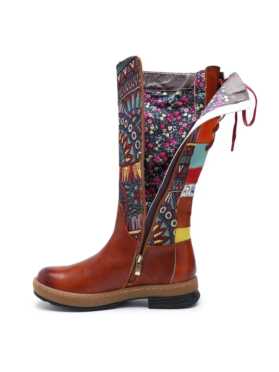 Soffia | Genuine Leather Geometric Back Lace-Up Knee Boots