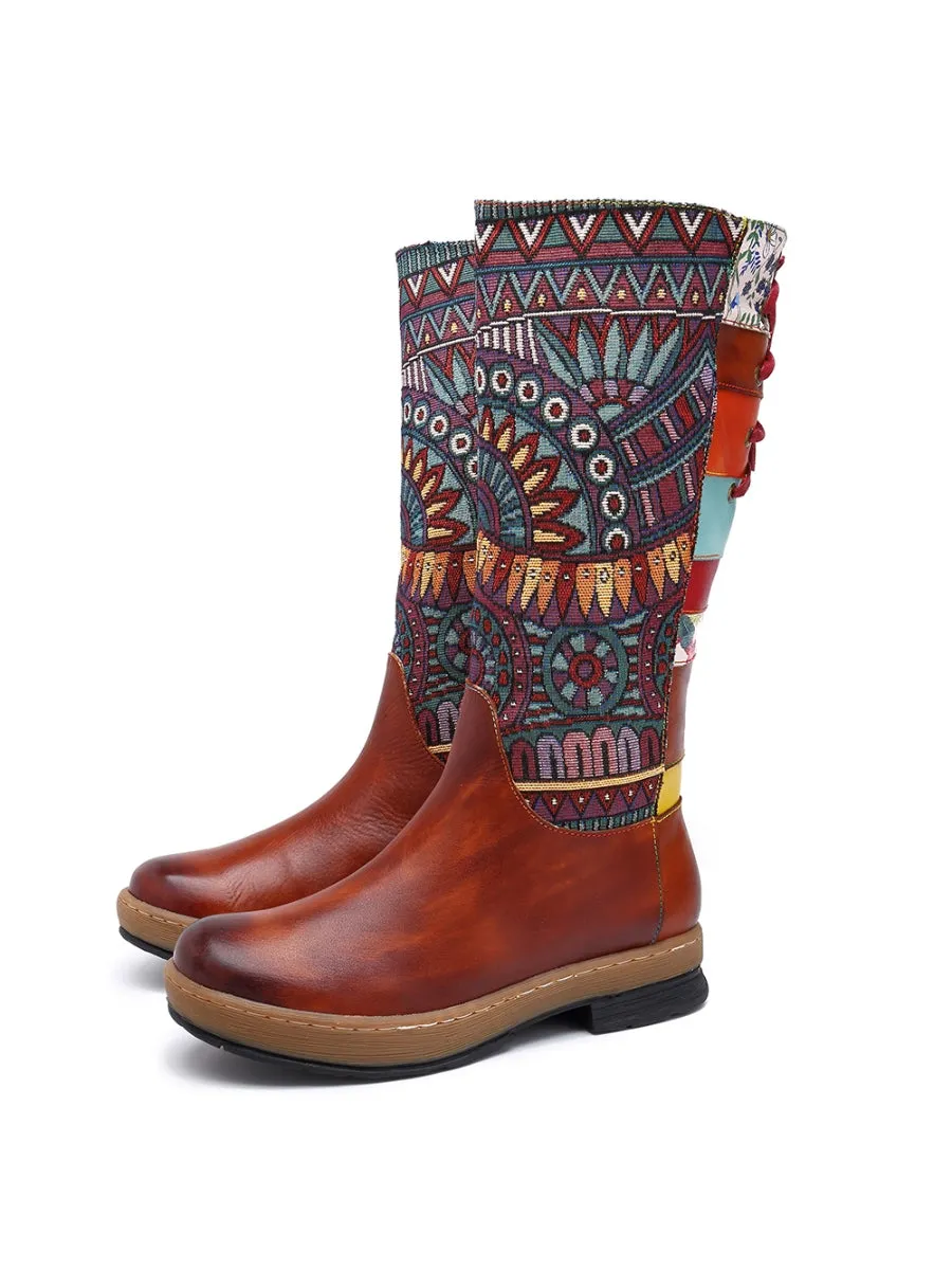 Soffia | Genuine Leather Geometric Back Lace-Up Knee Boots