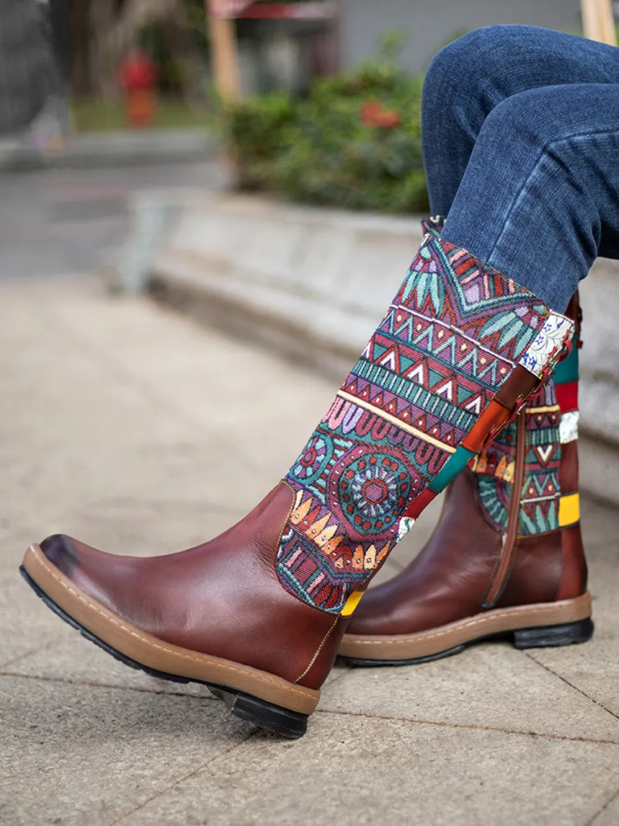 Soffia | Genuine Leather Geometric Back Lace-Up Knee Boots