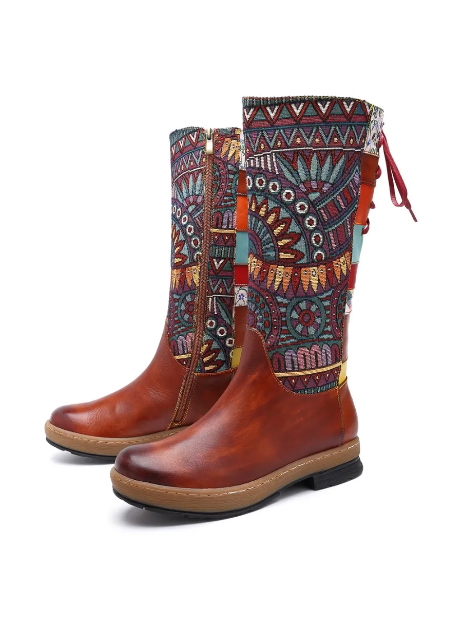 Soffia | Genuine Leather Geometric Back Lace-Up Knee Boots