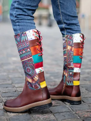 Soffia | Genuine Leather Geometric Back Lace-Up Knee Boots