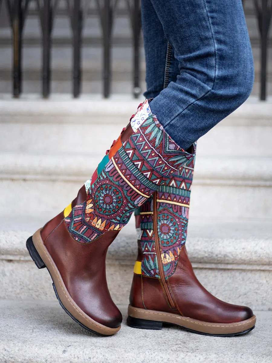 Soffia | Genuine Leather Geometric Back Lace-Up Knee Boots