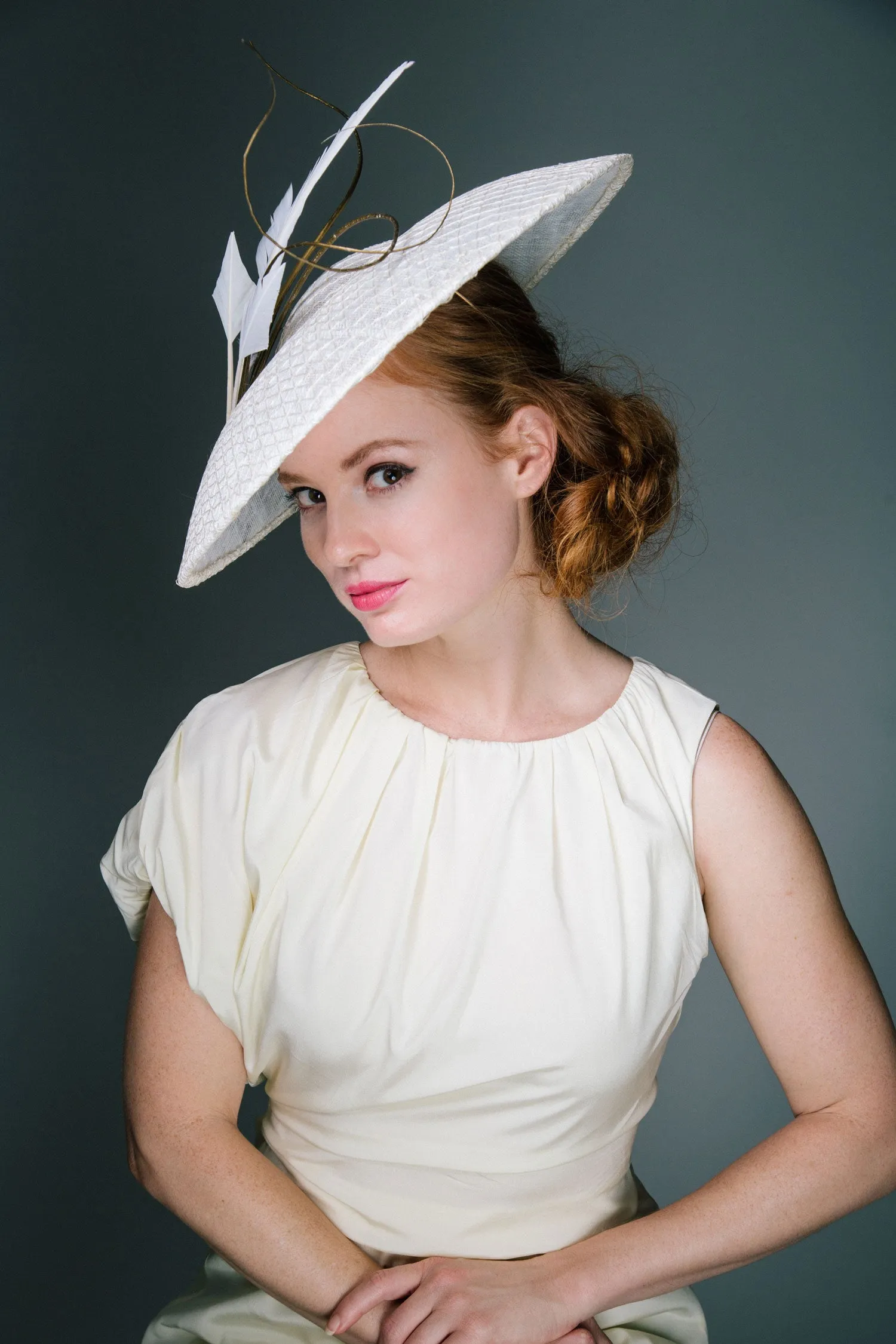 Troienne: White Straw Coolie Hat with Gold Quills