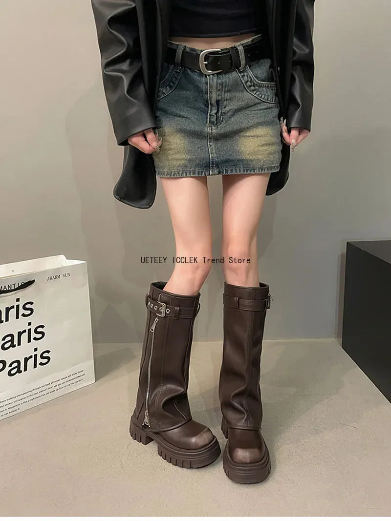 Winter Women Biker Boots Fashion Belt Buckle Ladies Elegant Platform Long Pipe Booties Casual Women's Knee High Booties