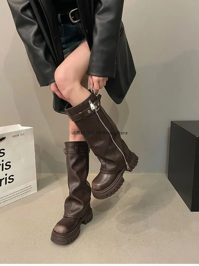 Winter Women Biker Boots Fashion Belt Buckle Ladies Elegant Platform Long Pipe Booties Casual Women's Knee High Booties