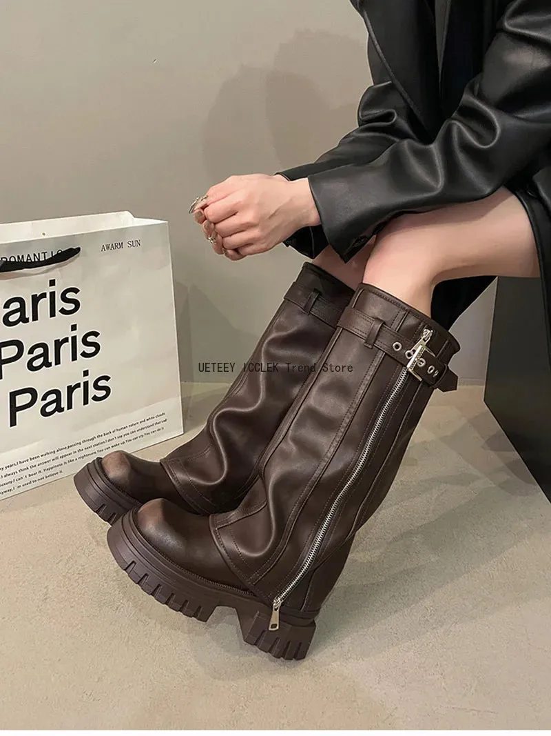 Winter Women Biker Boots Fashion Belt Buckle Ladies Elegant Platform Long Pipe Booties Casual Women's Knee High Booties