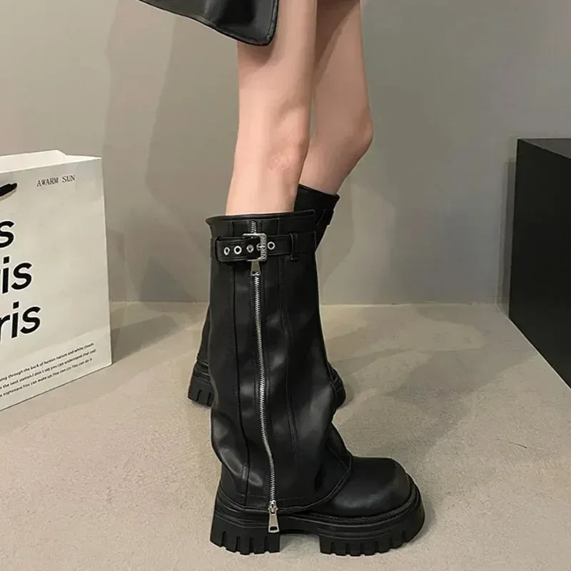 Winter Women Biker Boots Fashion Belt Buckle Ladies Elegant Platform Long Pipe Booties Casual Women's Knee High Booties